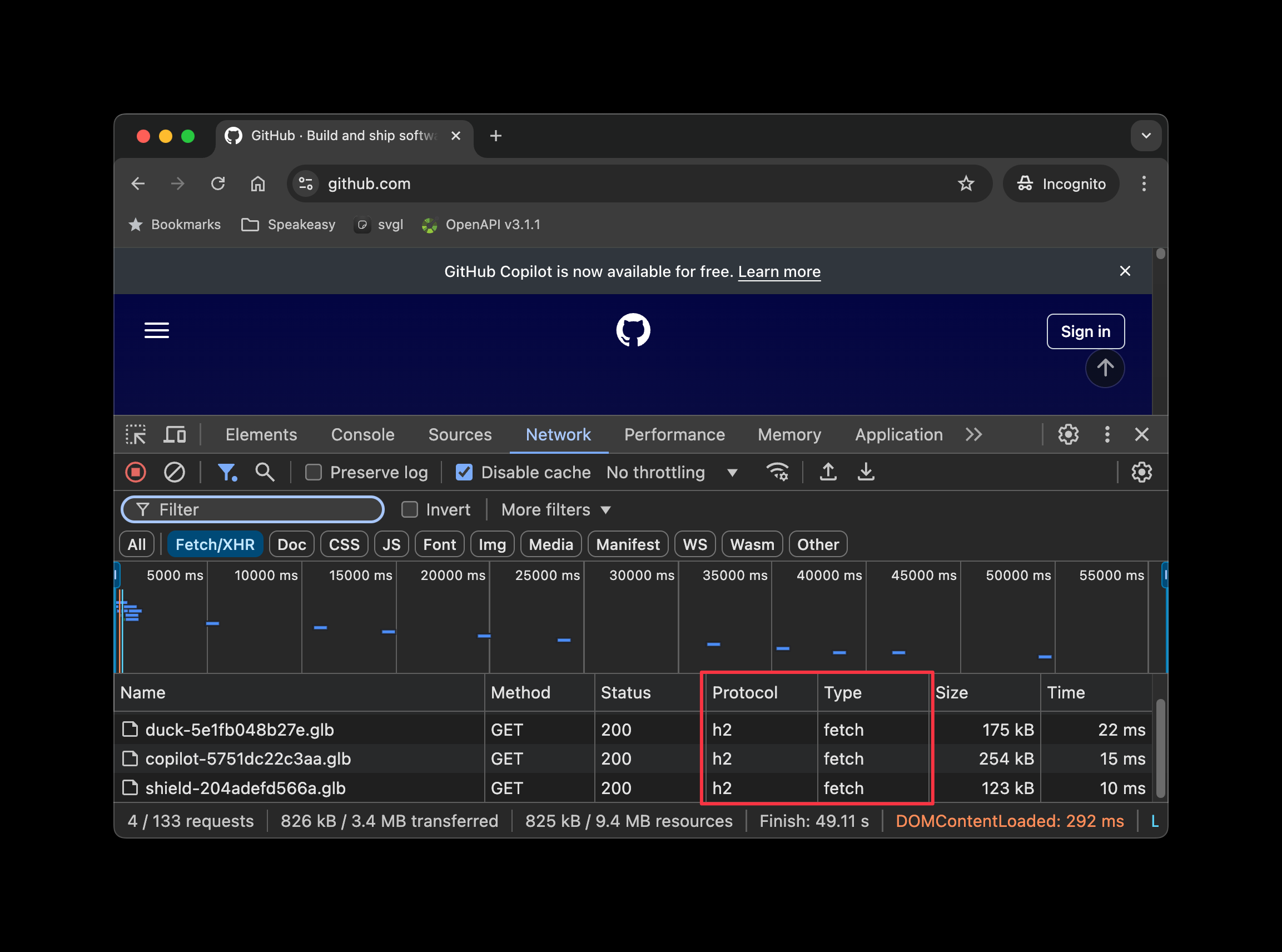 A screenshot of Chrome developer tools showing the network tab with fetch requests using the h2 protocol